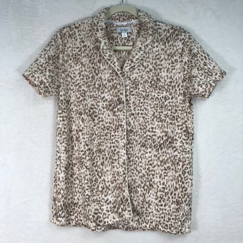 Nicole Miller Shirt Small Tan Leopard Button Pajama Top Sleep Sleep PJ Soft Cozy